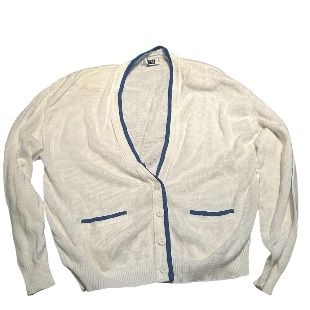 Vintage Lucia White V Neck Cardigan, blue trim, open pockets